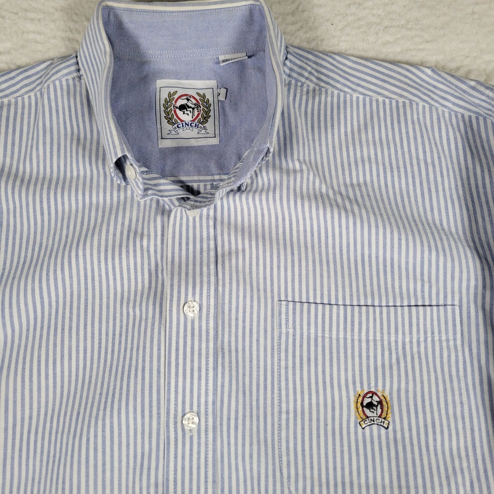 Cinch Button Down Shirt Mens XL Blue White Striped Long Sleeve Cotton Western